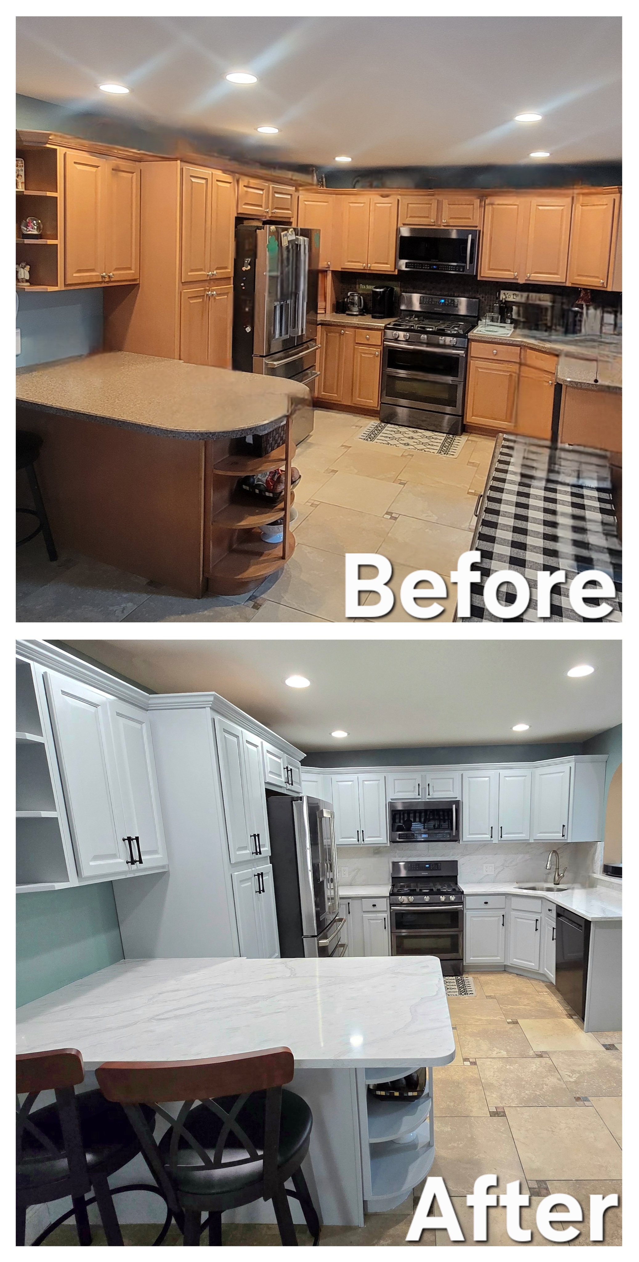 Off White Cabinets with Wide Peninsula